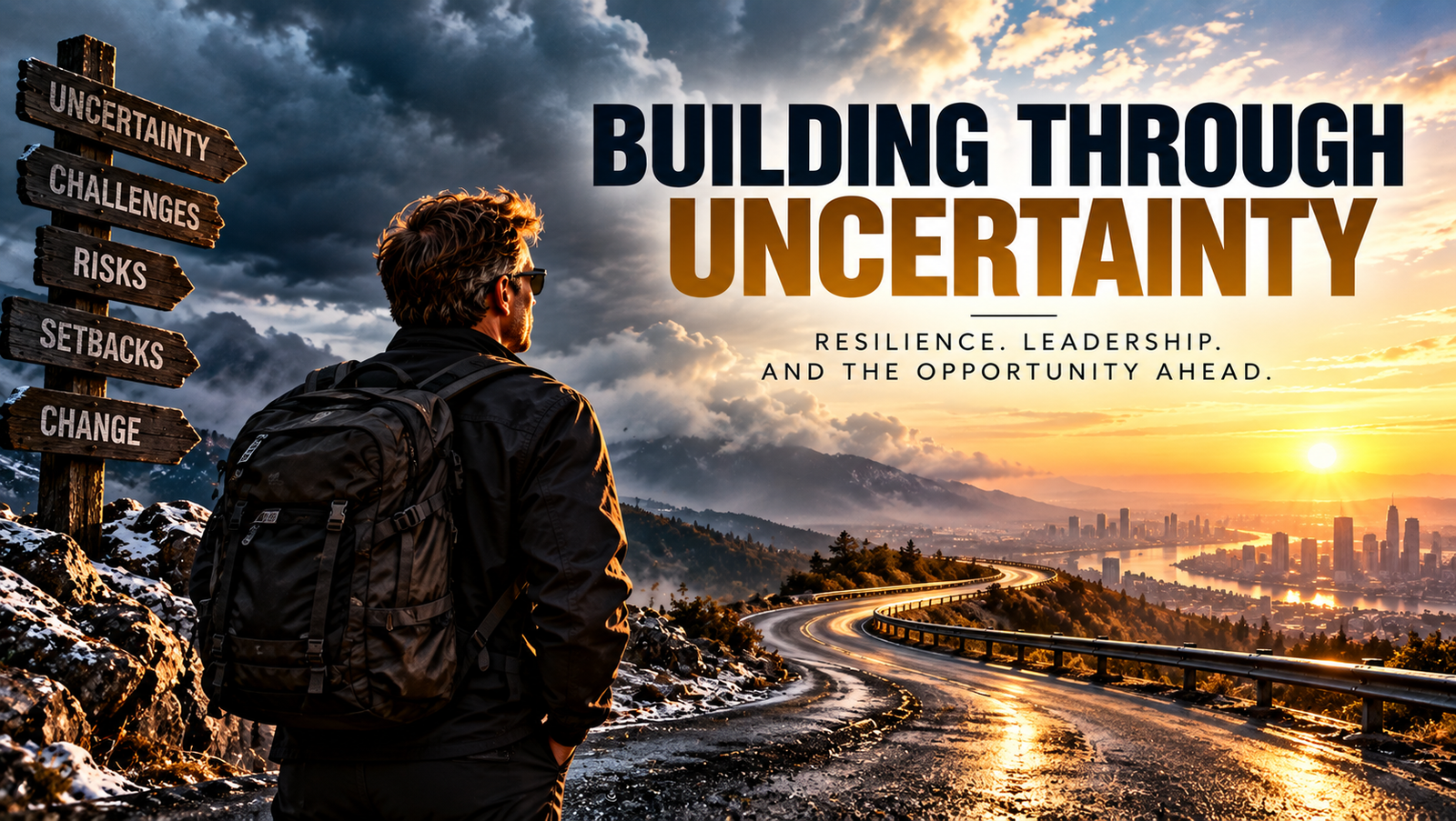Man with a backpack beside a mountain road winding toward a city skyline, with storm clouds transitioning to sunlight, uncertainty signposts, and the embedded title Building Through Uncertainty.