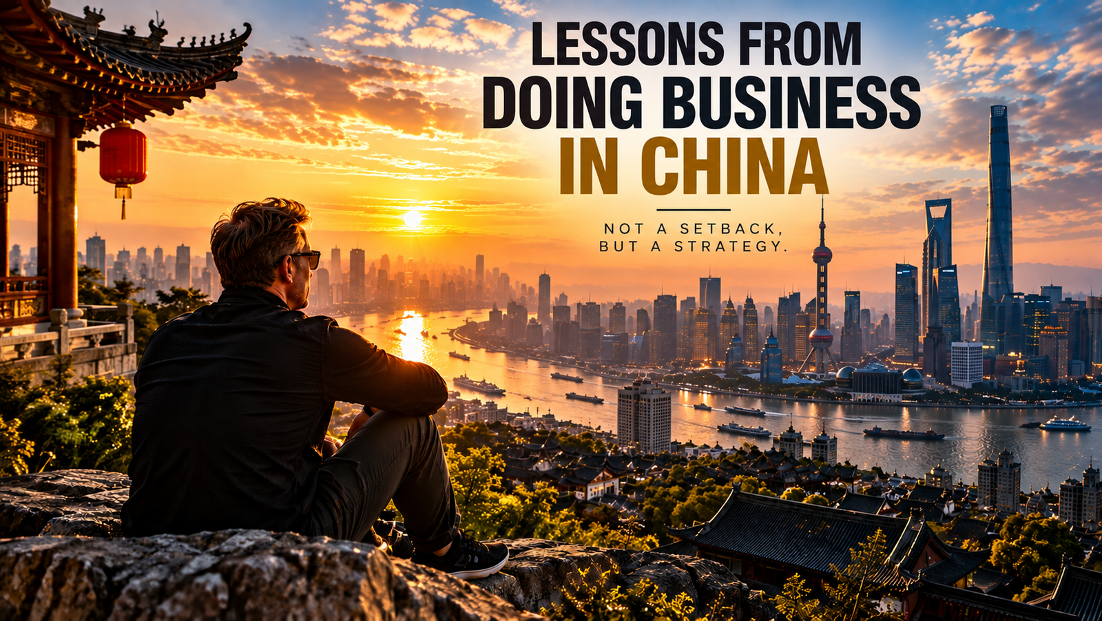 Man overlooking the Shanghai skyline and Huangpu River at sunset beside traditional Chinese architecture, with the embedded title Lessons from Doing Business in China and subtitle Not a Setback, but a Strategy.